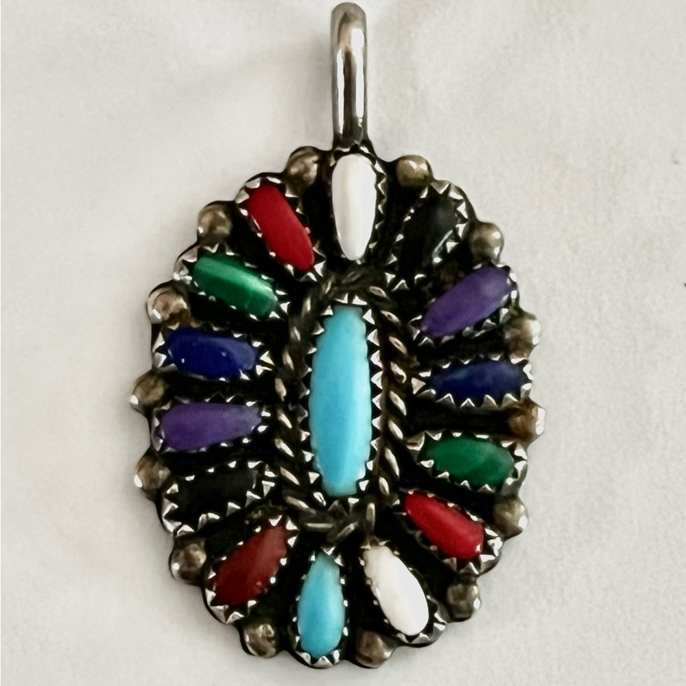 🍭🍭 Signed, Vintage Navajo Multi Color Rainbow Petite Point Sterling Slvr Pendant